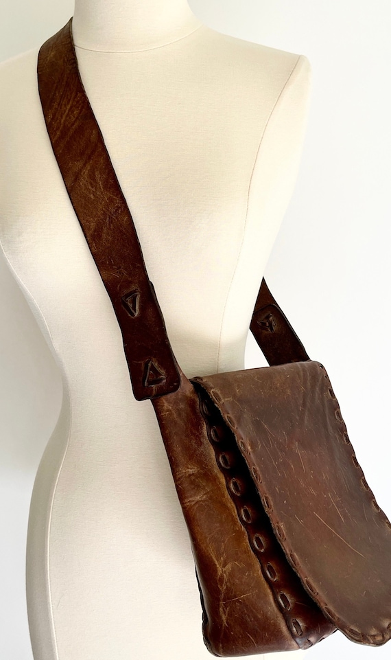 Old Handmade Leather Bag Shoulder Bag Purse Vintage 60s 70s Very Worn Rugged Aged Brown Leather Western Cowboy