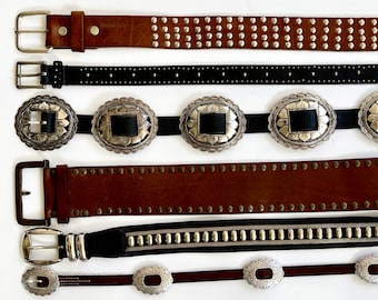 Western Studded Concho Belt Vintage 80s 90s Womens Belts Silver Tone Embellished Concho Metal Mesh Brown Black Leather Strap