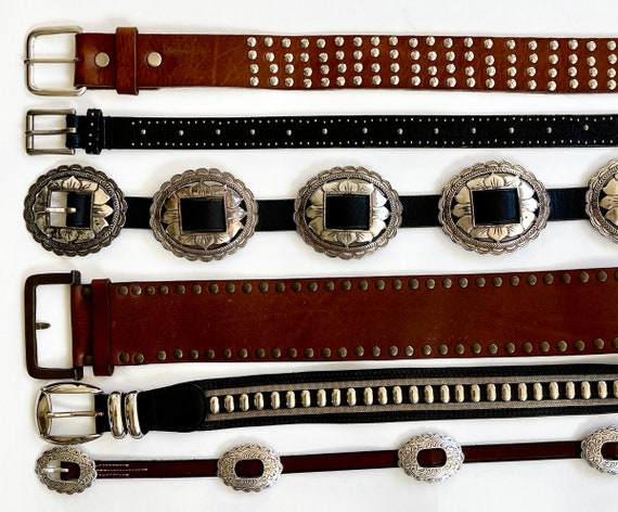 Western Studded Concho Belt Vintage 80s 90s Womens Belts Silver Tone Embellished Concho Metal Mesh Brown Black Leather Strap