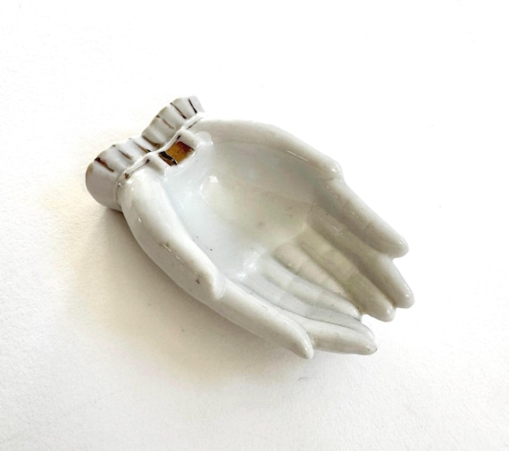 Vintage White Ceramic Cupped Hand Dish Mid Century Made in Japan