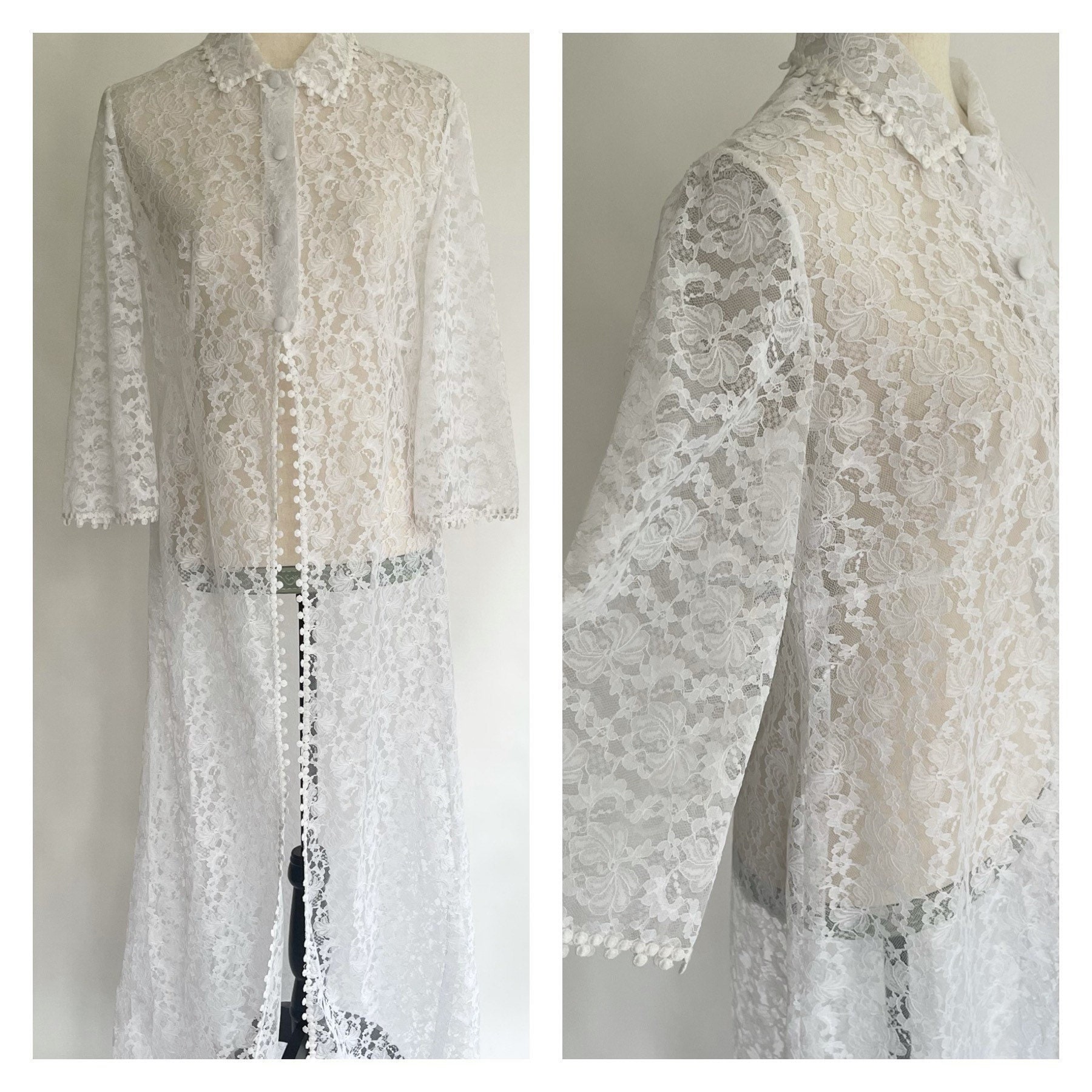 French White Lace Cover Up Topper Robe Mod Vintage 60s Long Sleeve ...