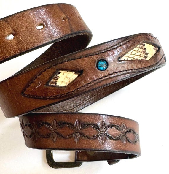 Python Turquoise Leather Belt Vintage Handmade Western Southwest Dark Brown Leather Belt Southwick Leathers Snakeskin Brass Buckle