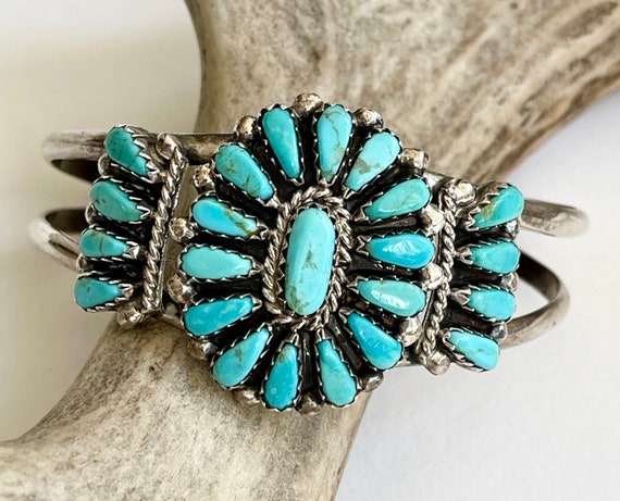 Signed Turquoise Cuff Bracelet Vintage 40s Native American Navajo Sterling Silver Needlepoint Petit Point Floral Cluster Petite XS Small