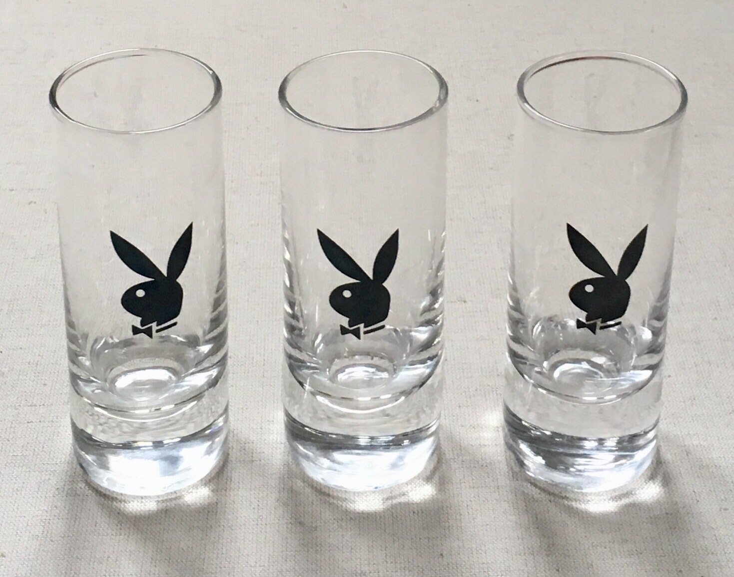 Playboy Shot Glasses Vintage Mid Century Cocktail Barware Set of 3 Black Bunny Hugh Hefner