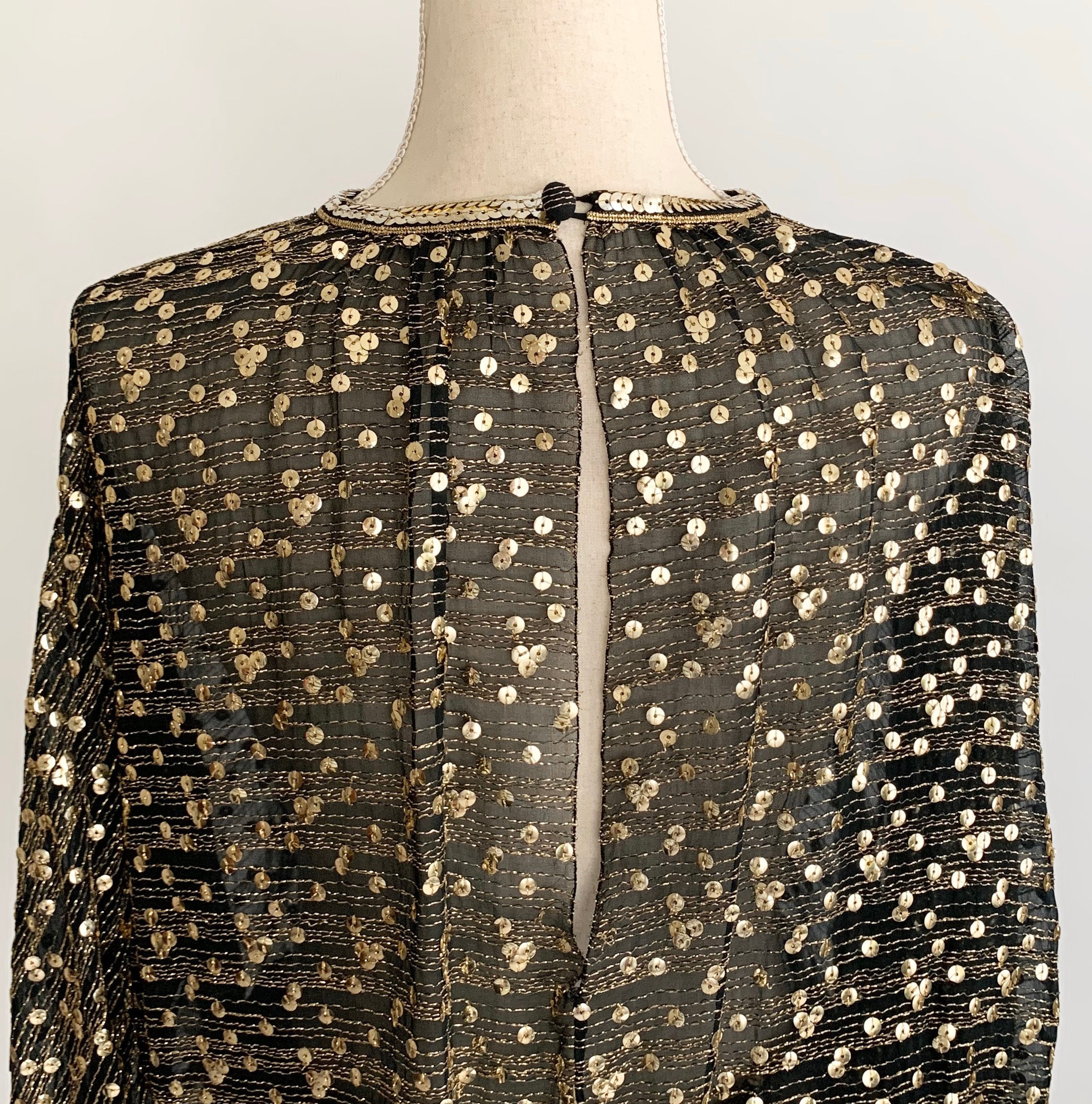 Gold Lurex Sequin Top Open Back Blouson Gathered Elastic Waist Vintage ...