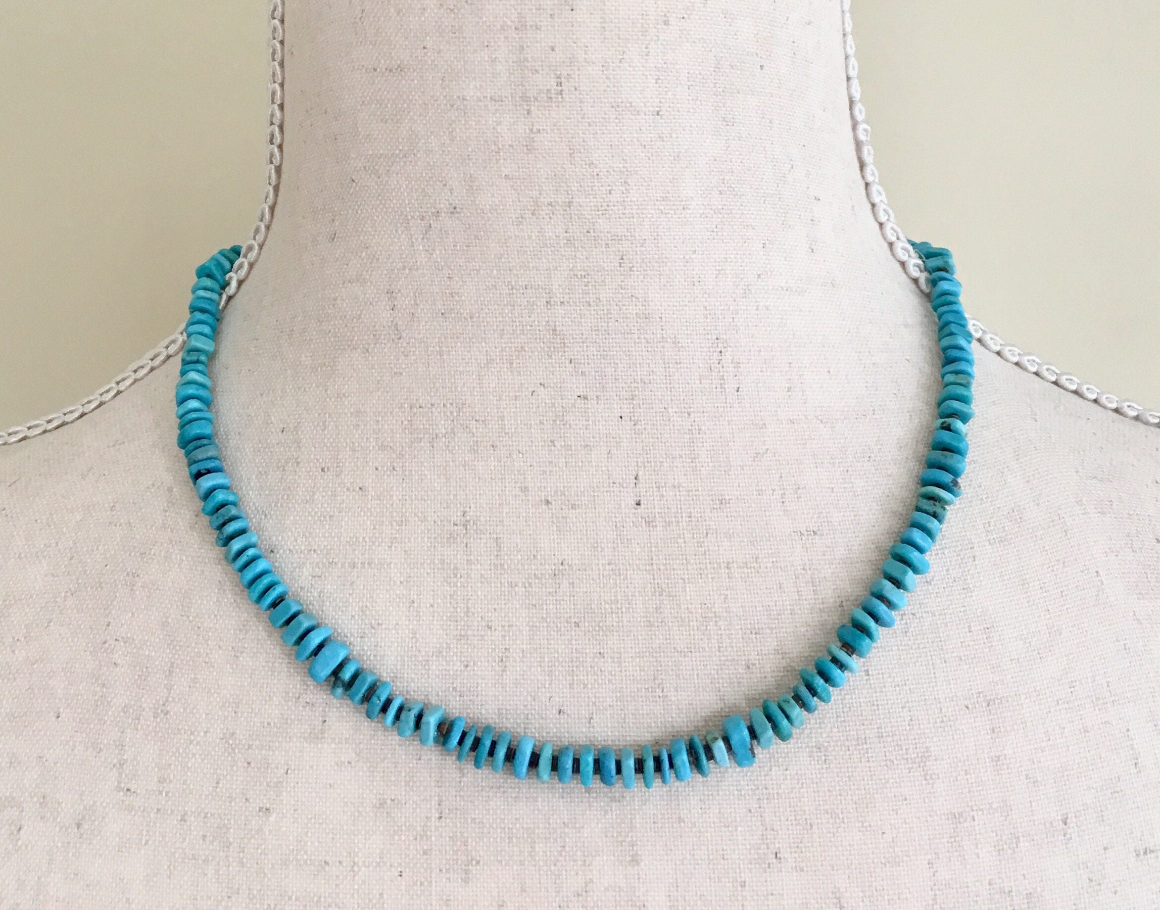 Vintage Turquoise Heishi Necklace Native American Sterling Silver Clasp ...