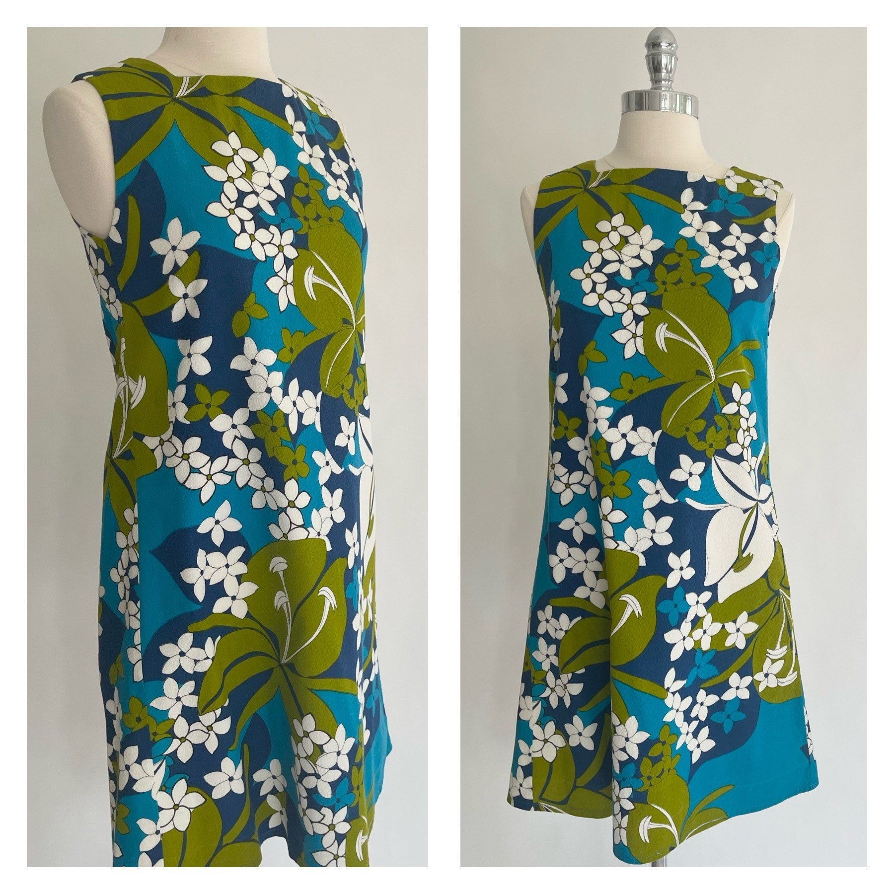 Mod 60s Mini Dress Tropical Hawaiian Floral Print Short Hem Sleeveless ...