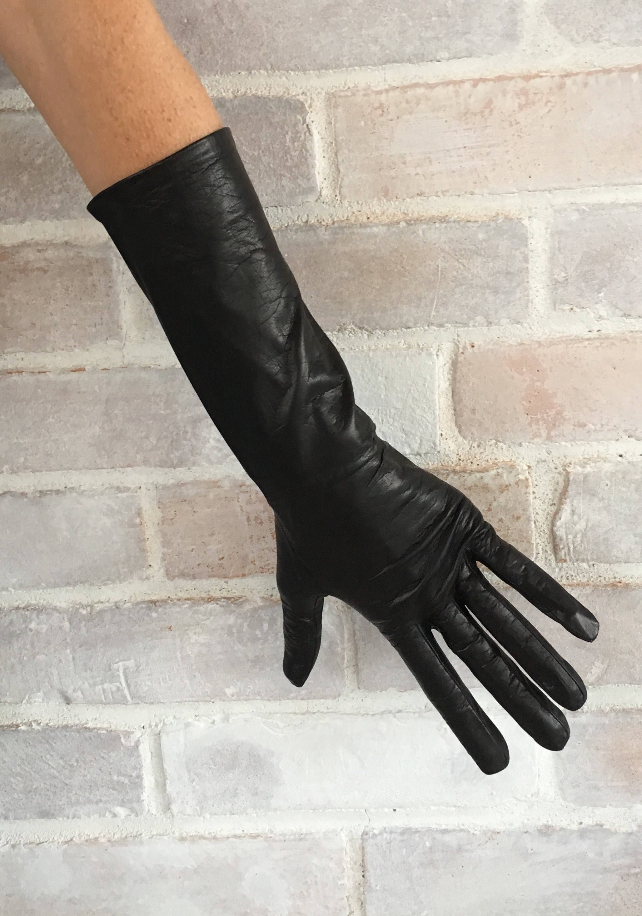 Vintage Black Leather Gloves Long Kid Gloves Evening Made in France 100
