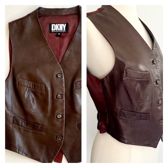 Buttery Soft Leather Vest Vintage 90s DKNY Donna … - image 1