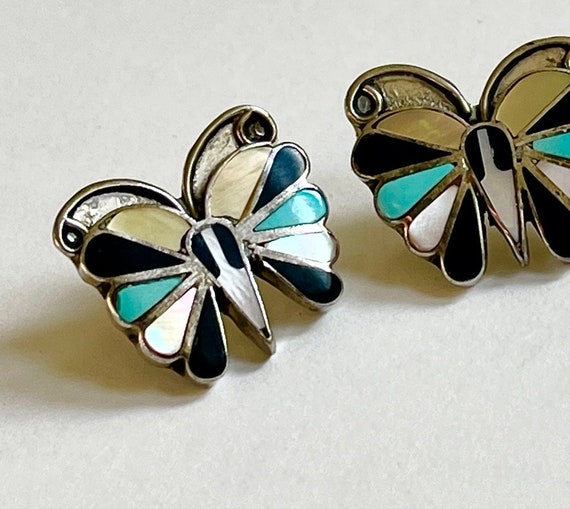 Zuni Butterfly Inlay Earrings Vintage Native American Intricate Sterling Silver Multi Stone Turquoise MOP Onyx Butterfly Wing Fan