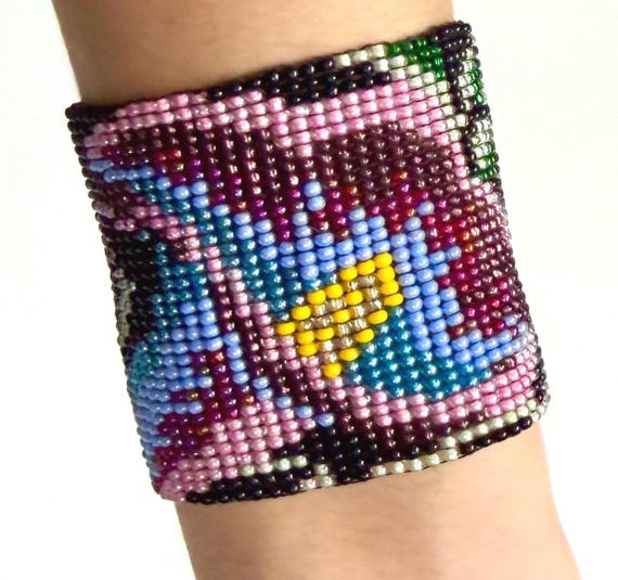 Wide Handmade Floral Beaded Bracelet Black Pastel Floral Seed Beads