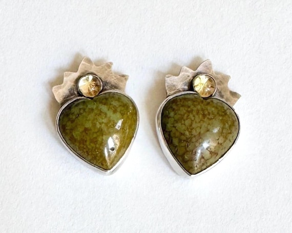 Handmade Sacred Heart Earrings Signed Vintage Southwest Sterling Silver 925 Burning Heart Citrine Olive Green Stone Studs Stud Earrings