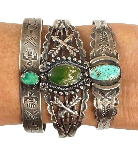 Antique Turquoise Cuff Bracelet Fred Harvey Trading Post Era Vintage Old Pawn Native American Navajo Sterling Silver Thunderbird Arrow
