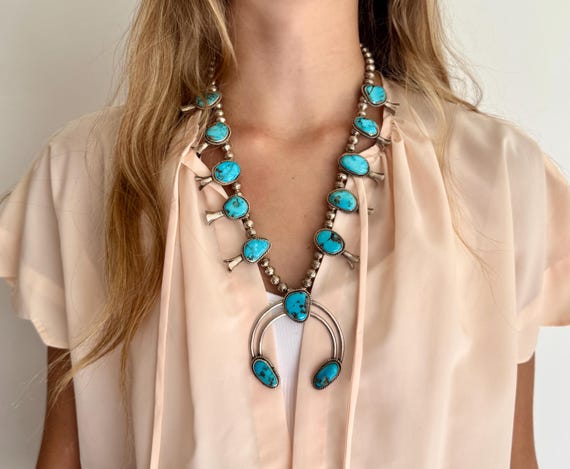Vintage Turquoise Squash Blossom Necklace Vintage 60s 70s Native American Navajo Handmade Sterling Silver 23"