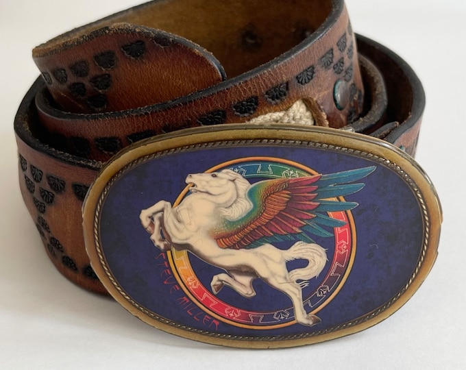 1977 Steve Miller Band Pacifica Buckle Rainbow Pegasus Worn Stamped Tooled Dark Brown Leather Strap Rope Detail