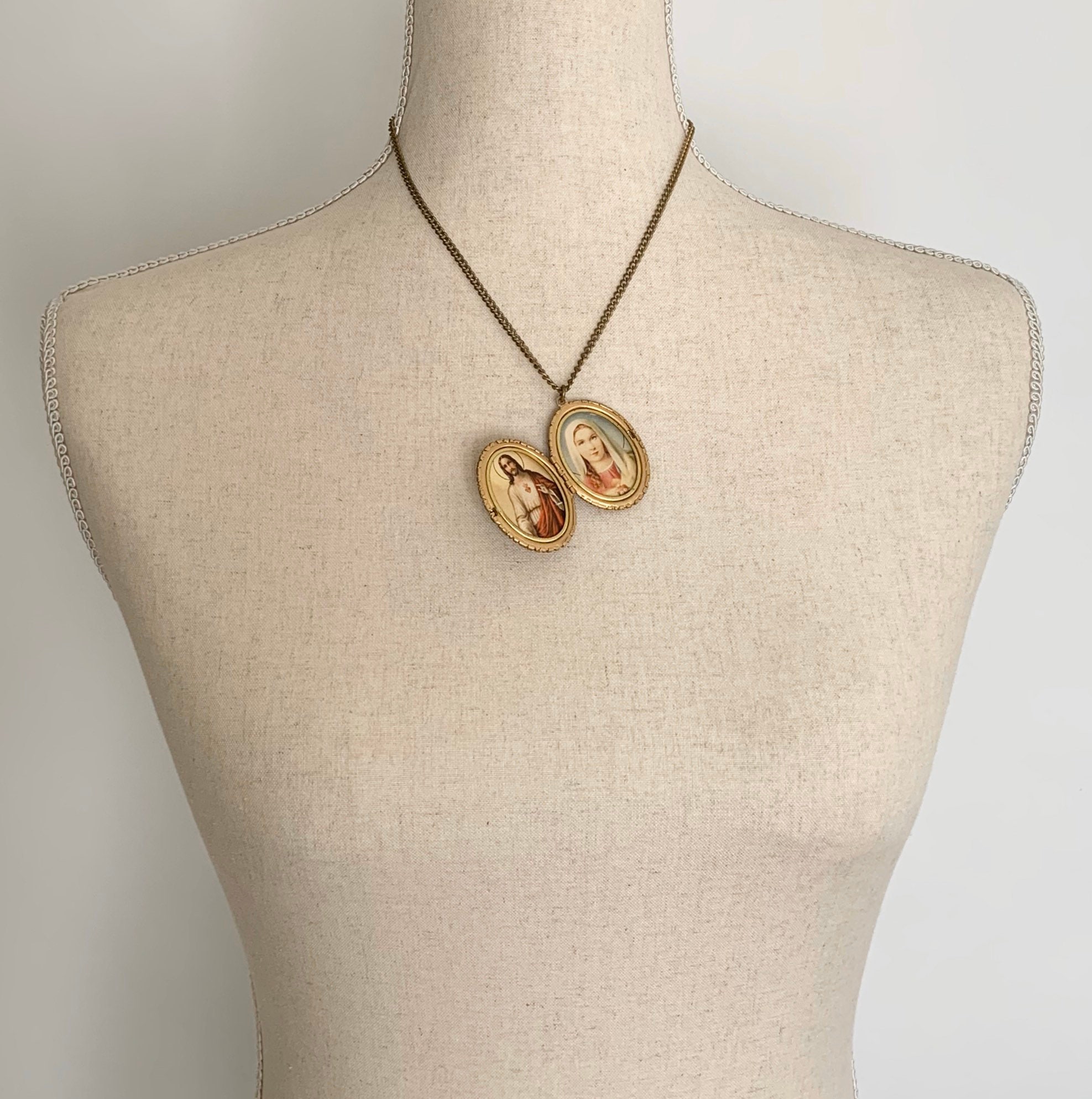 Religious Locket Necklace Gold Tone Necklace Antique Vintage Joseph