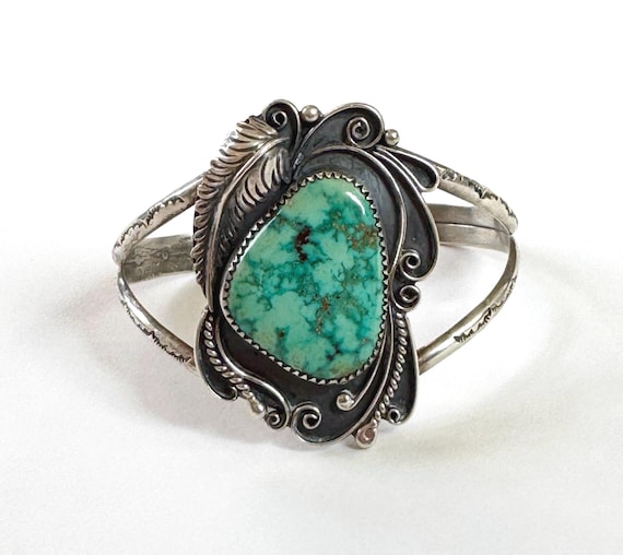 Wide Navajo Turquoise Cuff Bracelet Signed Vintage 60s 70s Eye Catching Large Turquoise Cabochon Native American Sterling Silver