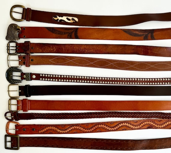 Brown Leather Western Belt Worn Distressed Leather Strap Cowboy Western Rugged Style Tooled Tan Stitched Reptile Strap Mexico Al Beres USA