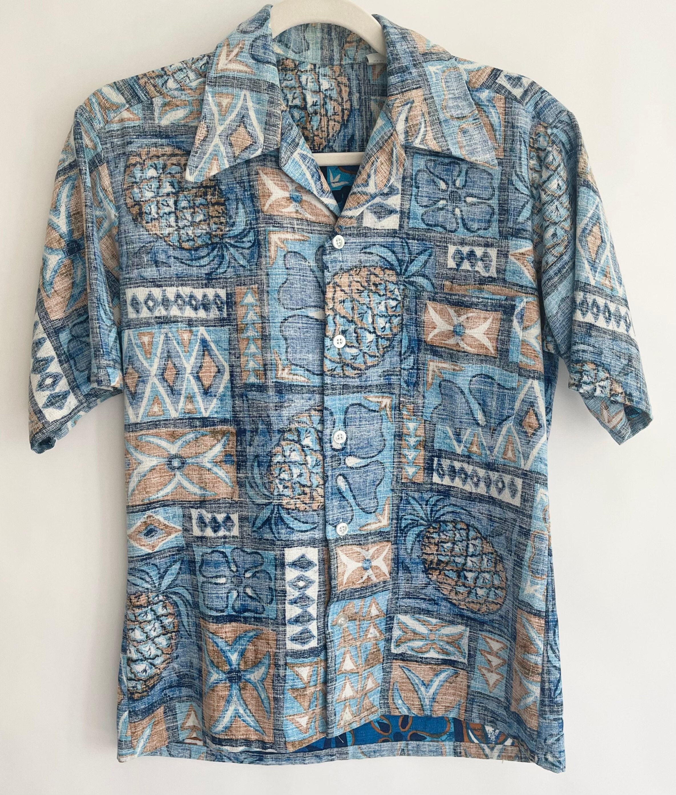 Barkcloth Tiki Shirt Hawaiian Aloha Button Up Shirts Blue White Summer ...