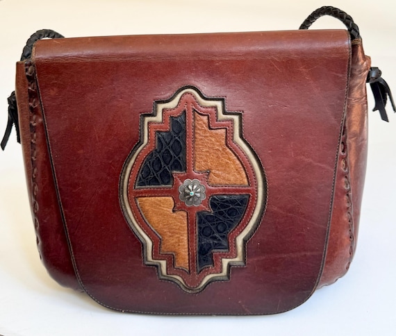 Rare Western Leather Bag 70's Wyly's Leather Shop Tuscon AZ Vintage Handmade Decorative Inlay Navajo Sterling Silver Turquoise Concho Detail