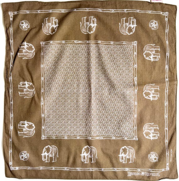Rare Vintage 80s Banana Republic Travel & Safari Bandana Olive Khaki Elephant Print Cotton