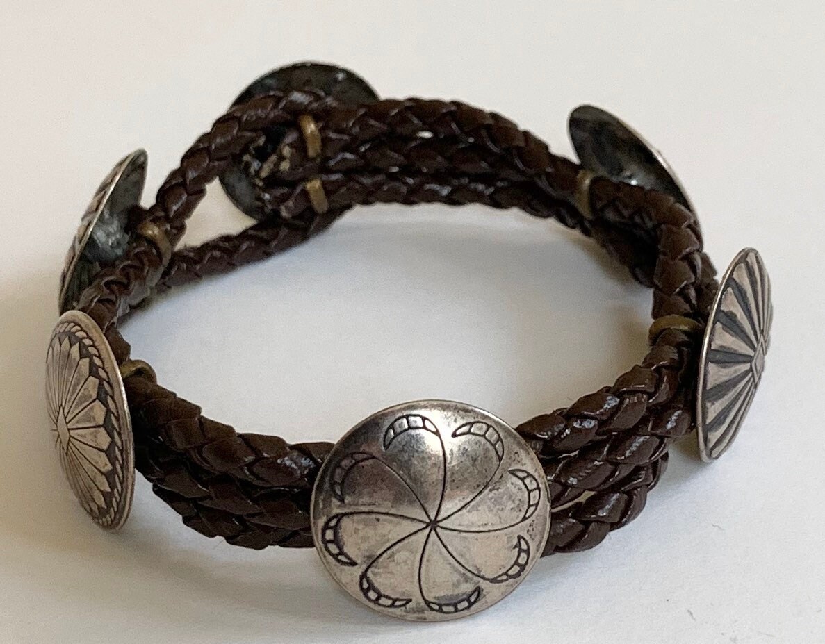 thumbnail interactive-video image 1 of Handmade Southeast Tribal Flower Concho Leather Cuff Bracelet – Adjustable Black Wristband For Men 1 of 6