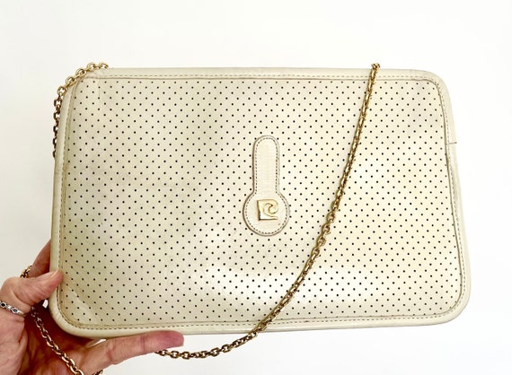 Perforated Pierre Cardin Bag Purse 80s Designer Ivory White Leather Gold Chain Strap Logo Print Flax Lining Convertible Clutch