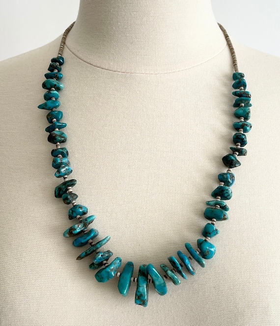 Turquoise Nugget Heishi Necklace Vintage Southwest Native American Santo Domingo Olive Shell Graduated Bead Beaded