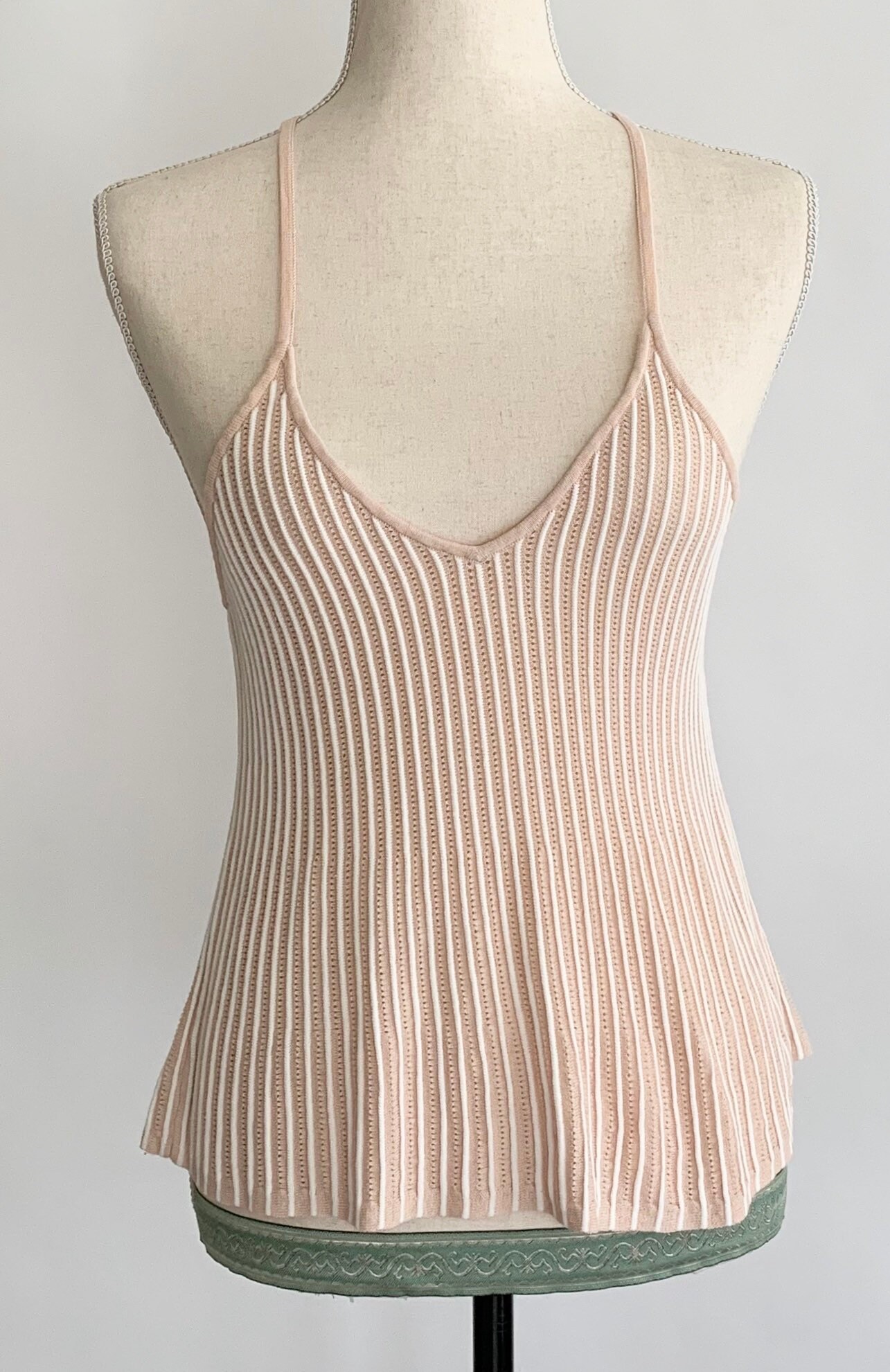 Low Cut Camisole Top Racerback Sleeveless Tank Spaghetti Straps White Pale Beige Blush Striped