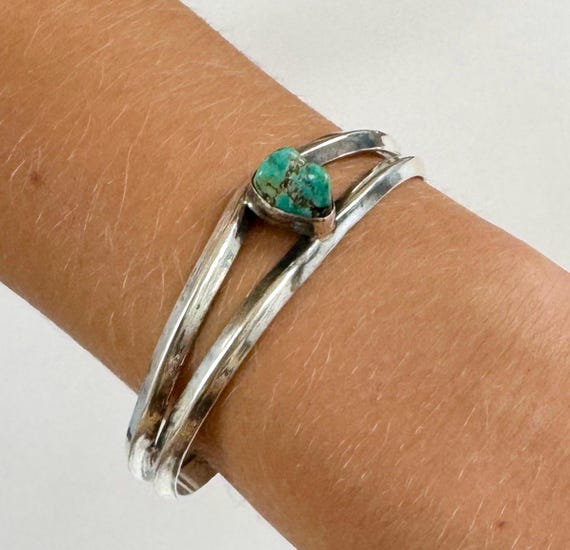 Heavy Vintage Turquoise Cuff Bracelet 60s 70s Native American Navajo Wide Solid Sterling Silver