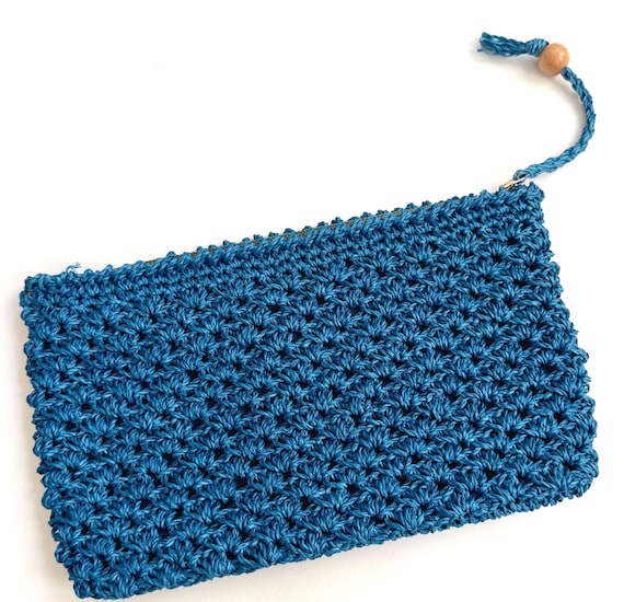 Vintage Blue Raffia Clutch Bag Pouch Mid Century Made in Japan