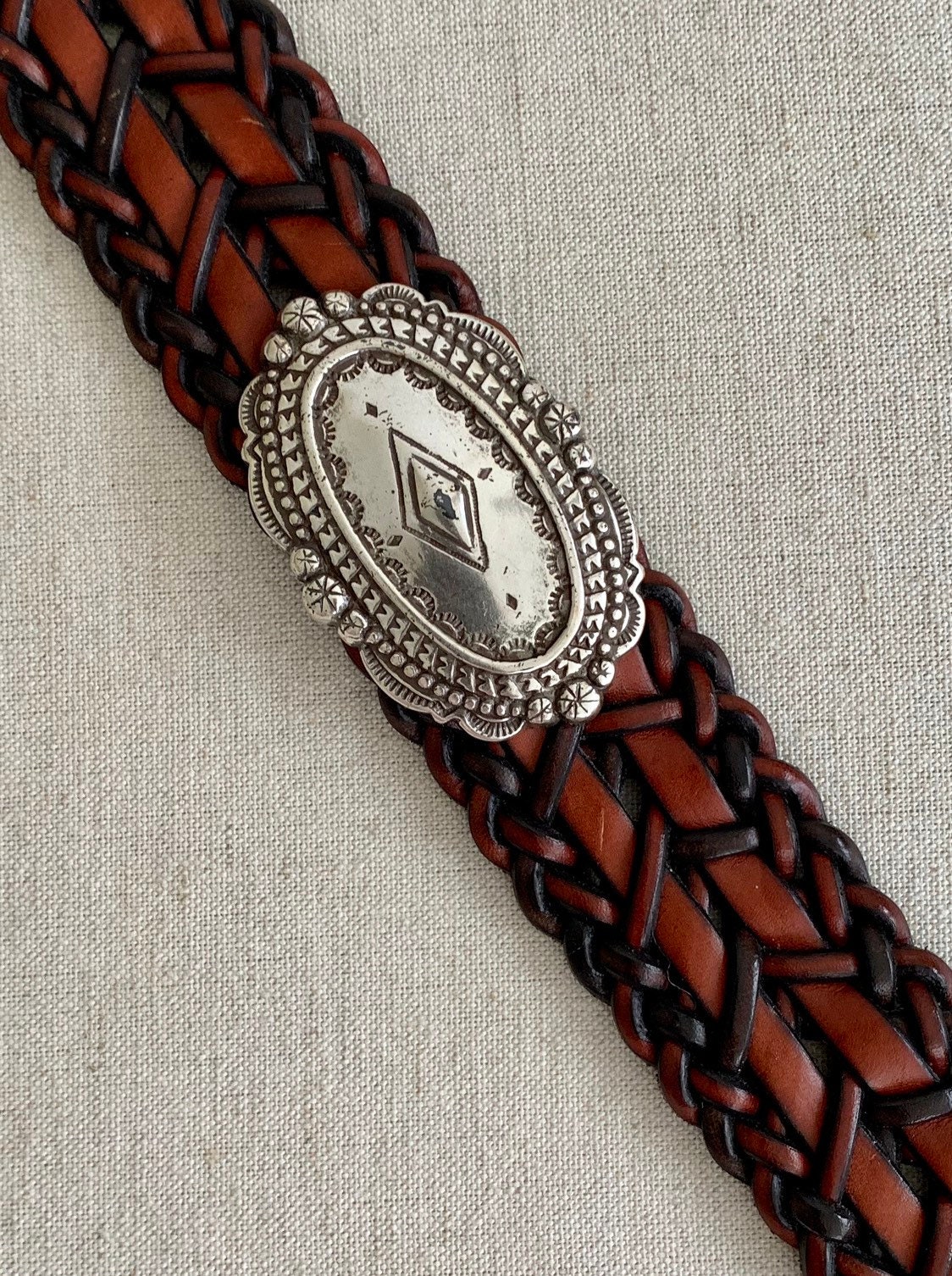 Brighton Western Concho Belt Vintage Braided Brown Leather Strap Silver