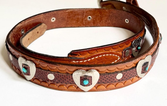Vintage Western Concho Belt Brown Leather Heart Conchas Turquoise Accents