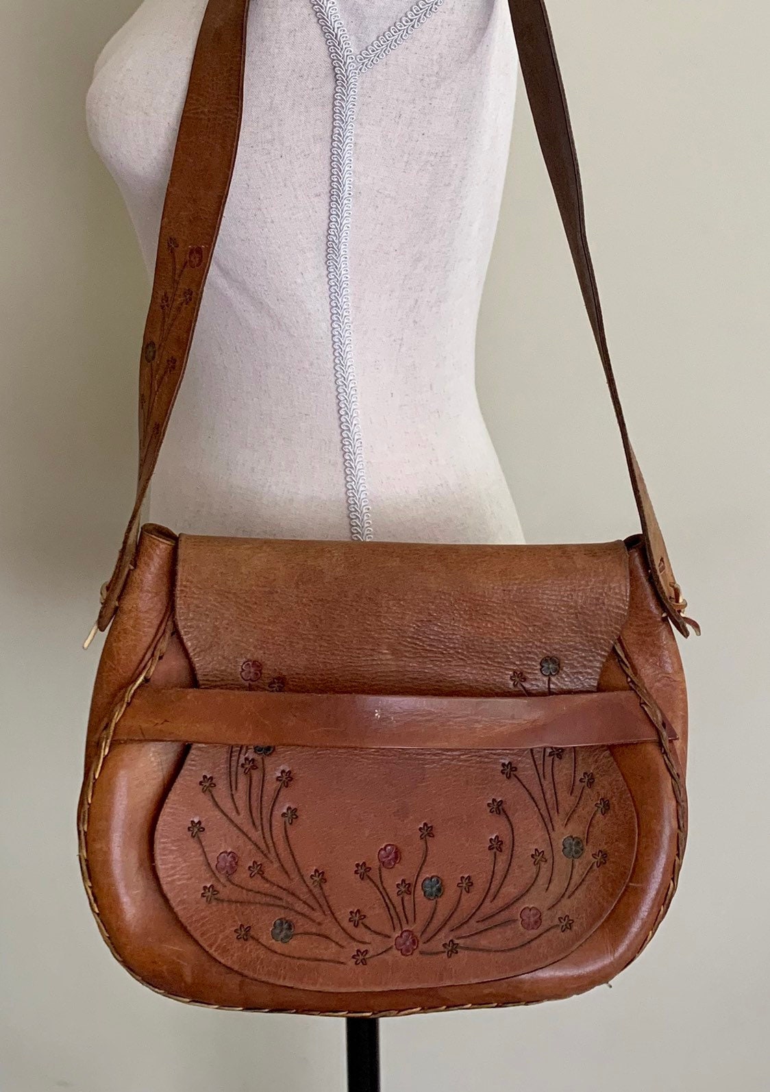 Floral Tooled Leather Purse Handbag Bag Vintage 70s Tan Brown Handmade
