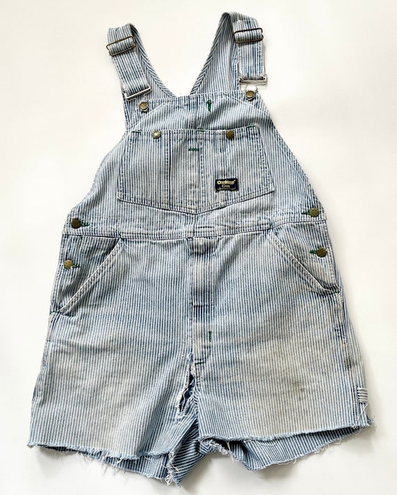 Worn Oshkosh Striped Overalls Coveralls Bibs Cut Off Shorts Vintage Worn Light Blue White Striped 100% Cotton Utility Jumpsuit Clover Button