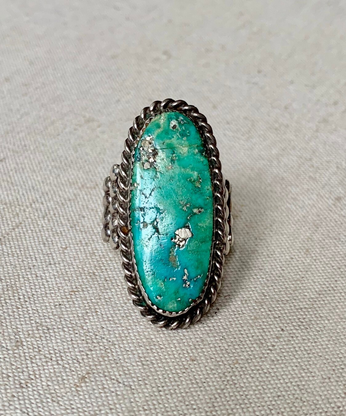 Navajo Elongated Turquoise Ring Vintage Native American Sterling Silver