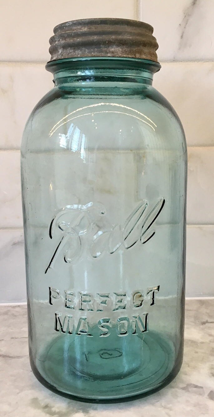 Vintage Half Gallon Ball Jar Circa 1920s 1930s Blue Color Shabby Chic