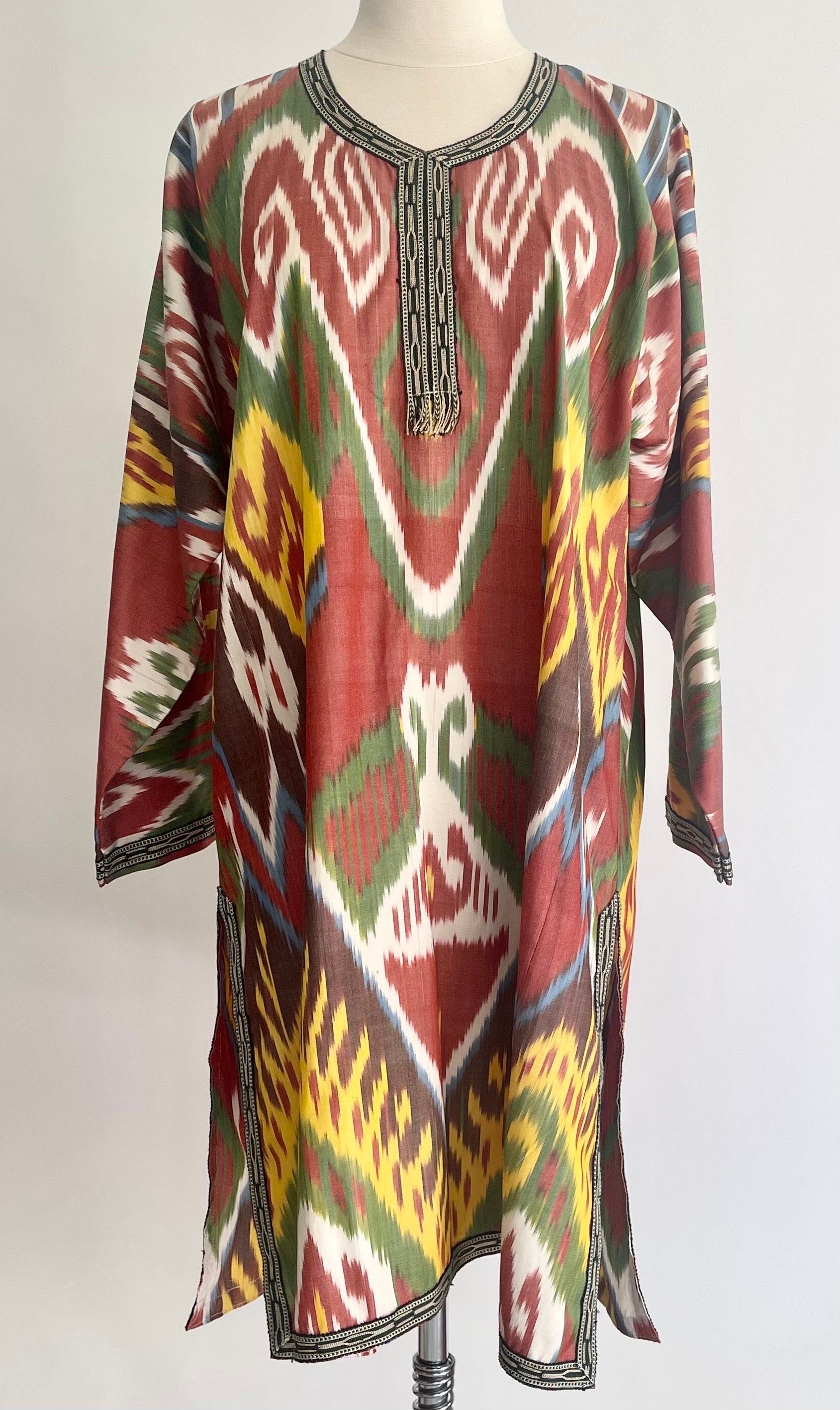 Cotton Ikat Caftan Dress Pink and White