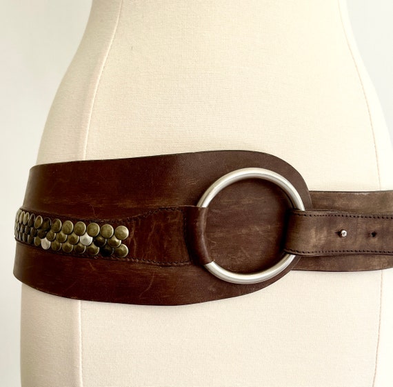 Studded Horsebit Style Belt Heavily Studded Wide Dark Brown Leather Waist Hip Belt Vintage La Vela Portofino Italy Heavy Brass Tone Studs