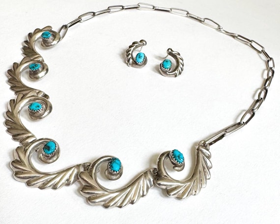 Navajo Turquoise Jewelry Set Early Mid Century Vintage Cast Sterling Silver Native American Handcrafted Necklace Earring Set
