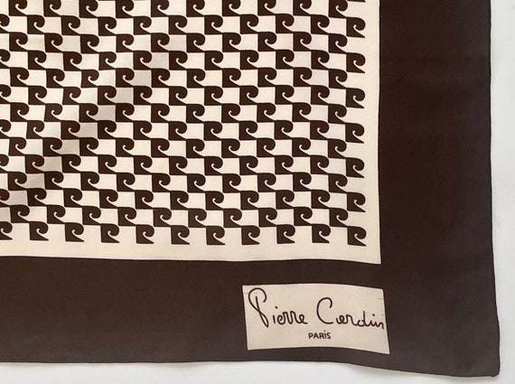 Pierre Cardin Logo Scarf Logo Print Pierre Cardin Paris Vintage 70s Chocolate Brown Natural White Square Scarf Carre Vintage