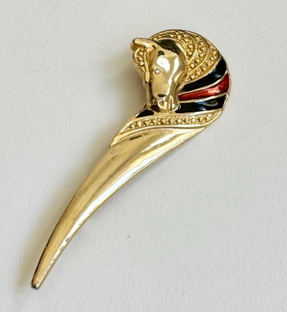 Gold Horse Head Brooch Pin Vintage French 80s Gold Tone Costume Jewelry Enamel Crystal Eye Equestrian Horse Lover Rider Gift