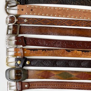 Vintage Tooled Leather Belt Distressed Worn Rugged Aged Leather Goods Brown Belt Strap Buckle Western Mens Women's Belts image 2