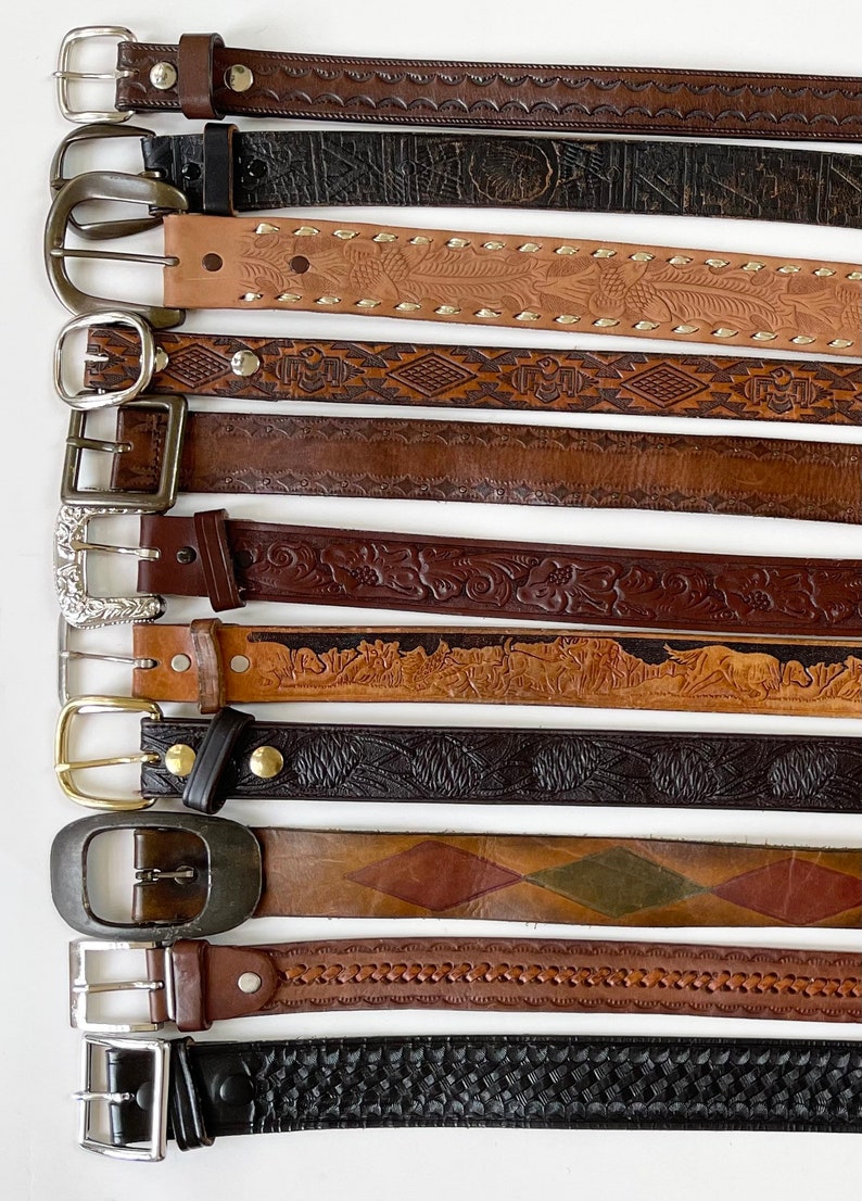 Vintage Tooled Leather Belt Distressed Worn Rugged Aged Leather Goods Brown Belt Strap Buckle Western Mens Women's Belts image 2