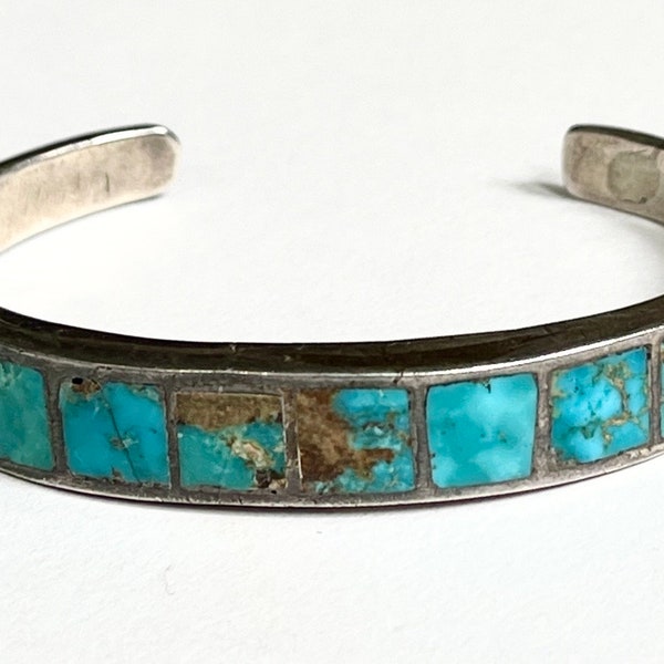 Antique Turquoise Inlay Cuff Bracelet Native American Zuni 20s 30s Solid Sterling Silver Flush Channel Inlay