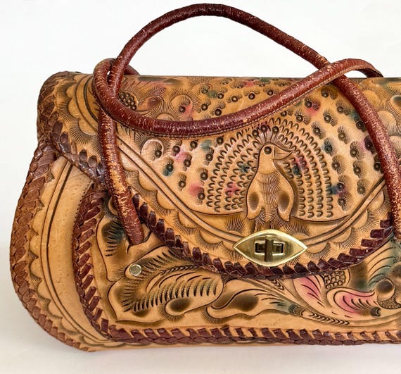 Peacock Tooled Leather Bag Top Handle Purse Doctor Bag Handbag Vintage 60s 70s Tan Brown Painted Bird Floral Tooling Boho Western