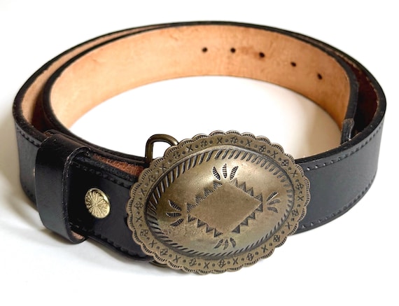 Vintage Western Concho Belt Solid Brass Navajo Style Buckle Black Leather Strap