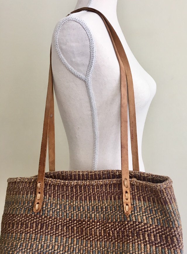 80s Woven Straw Bag Purse with Leather Straps Beige Brown Blue Sisal