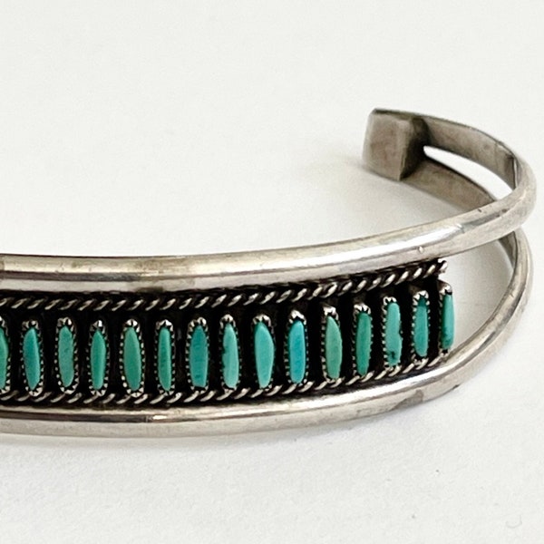Signed Needlepoint Turquoise Bracelet Cuff S. Sanchez Native American Zuni Handmade Old Pawn Split Sterling Silver Band