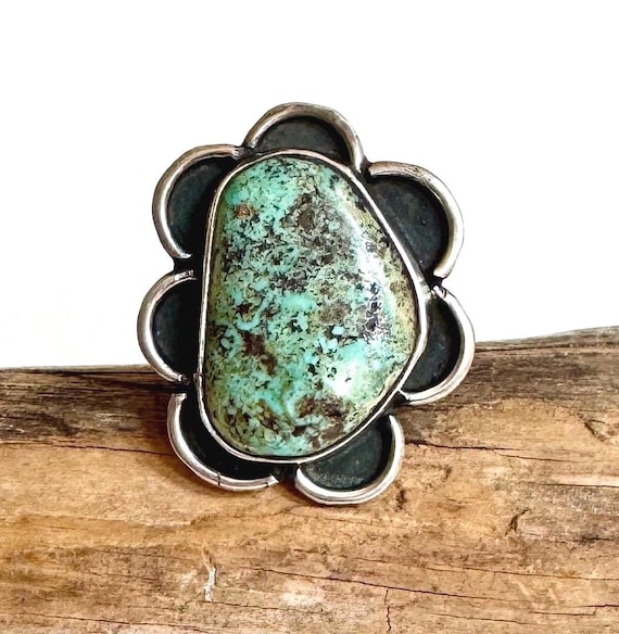 Large Navajo Turquoise Ring Vintage 50's Signed Native American Handmade Sterling Silver Flower Floral Western Southwest Ring Size 7.25